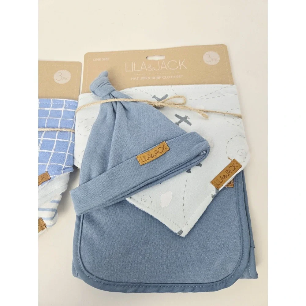 Lila & Jack Bandana Bib Set‎ 3 pack Hat/Bib/ Burp Cloth set NEW blue airplane